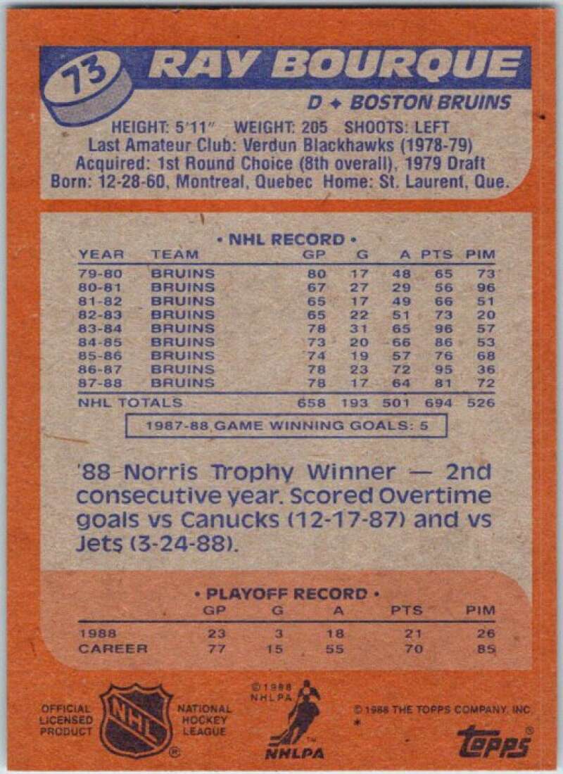 1988-89 Topps #73 Ray Bourque Boston Bruins V50244