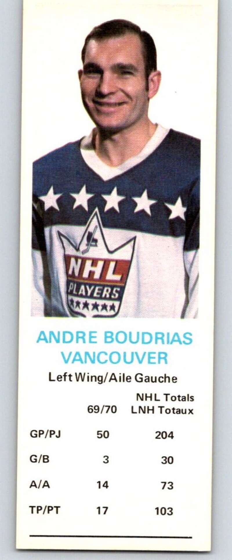 1970-71 Dad's Cookies #8 Andre Boudrias Vancouver Canucks X200