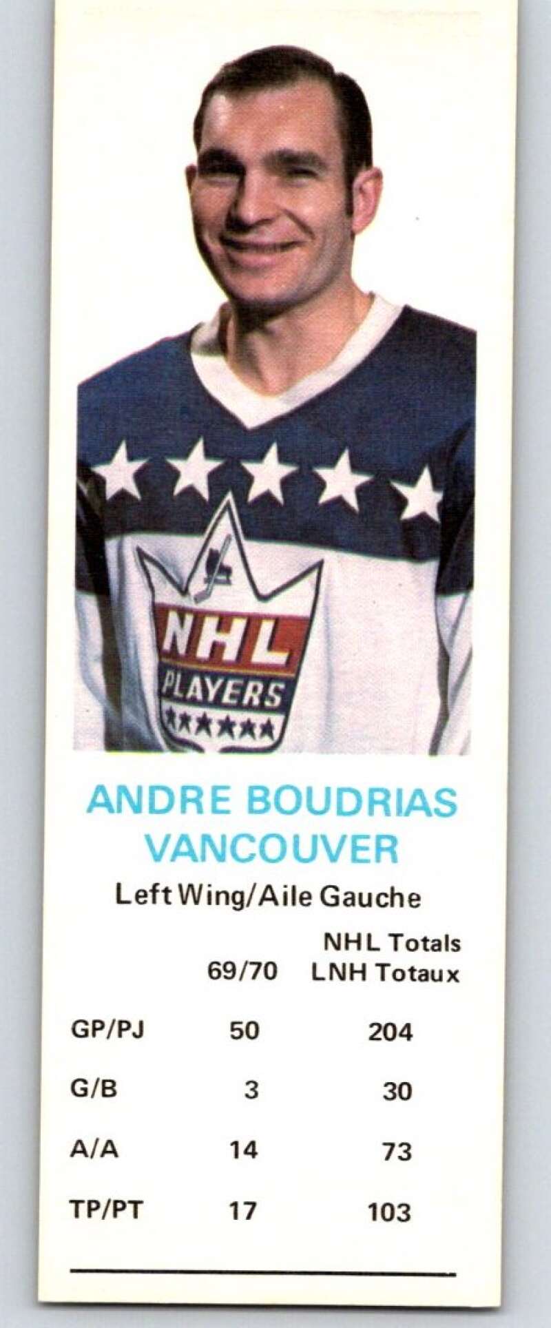 1970-71 Dad's Cookies #8 Andre Boudrias  Vancouver Canucks  X200