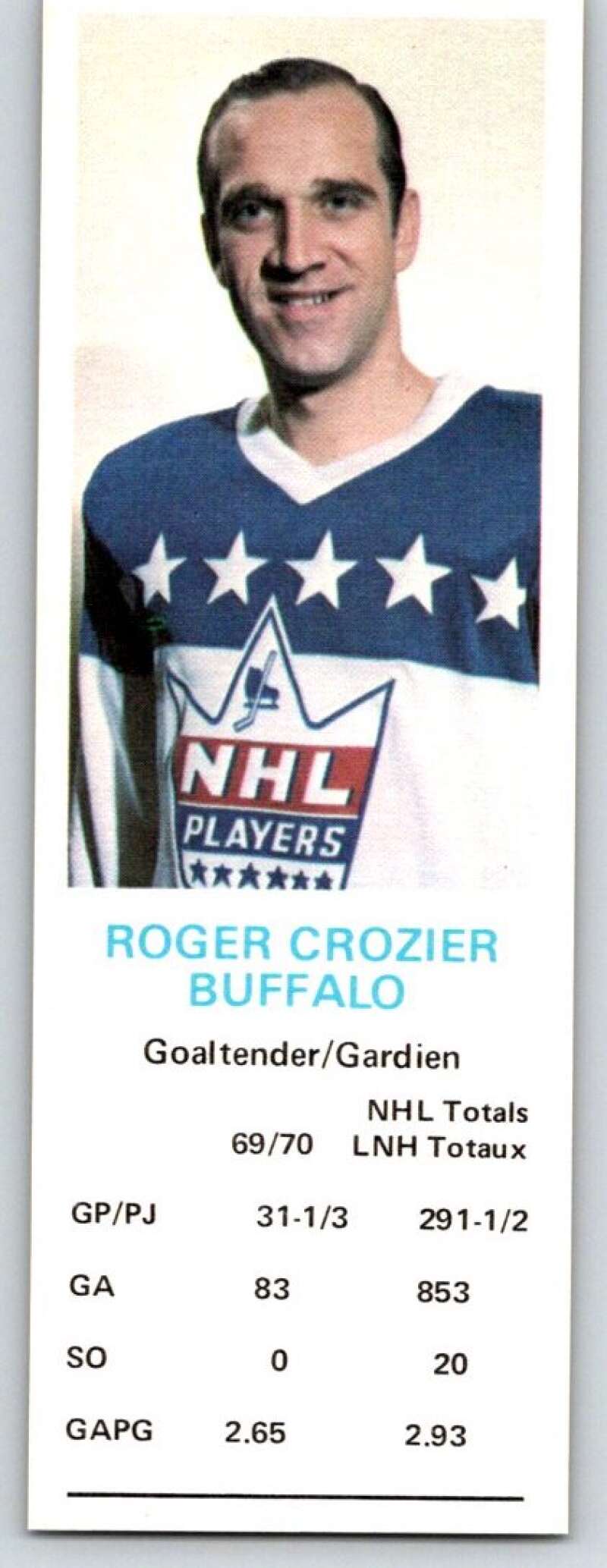 1970-71 Dad's Cookies #18 Roger Crozier Buffalo Sabres X220