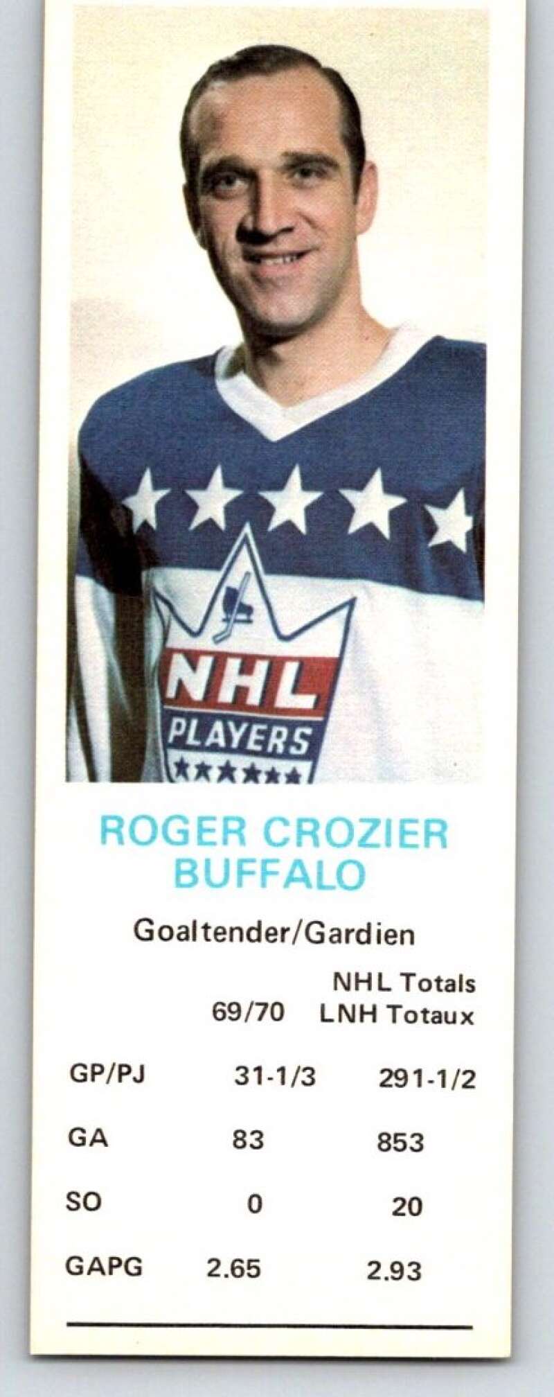 1970-71 Dad's Cookies #18 Roger Crozier Buffalo Sabres X221
