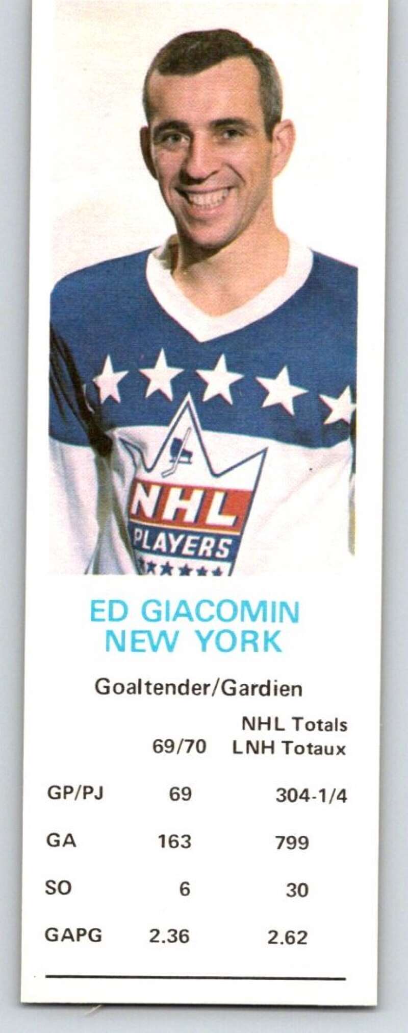 1970-71 Dad's Cookies #39 Ed Giacomin New York Rangers X255