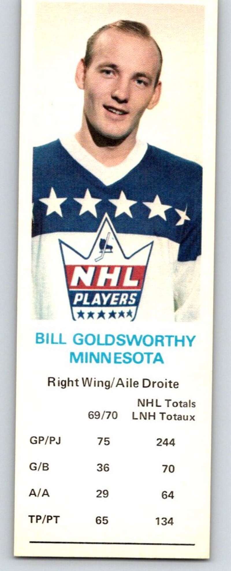 1970-71 Dad's Cookies #41 Bill Goldsworthy Minnesota North Stars X257