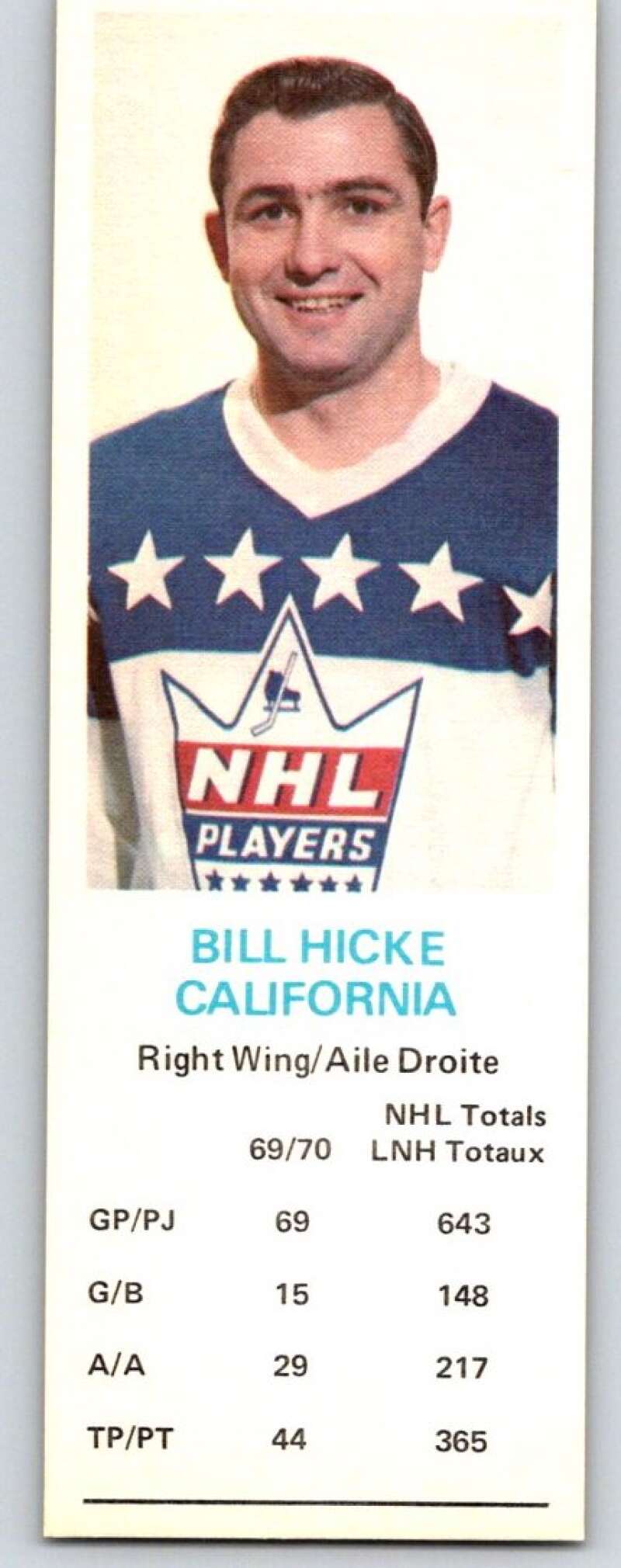1970-71 Dad's Cookies #52 Bill Hicke California Golden Seals X278