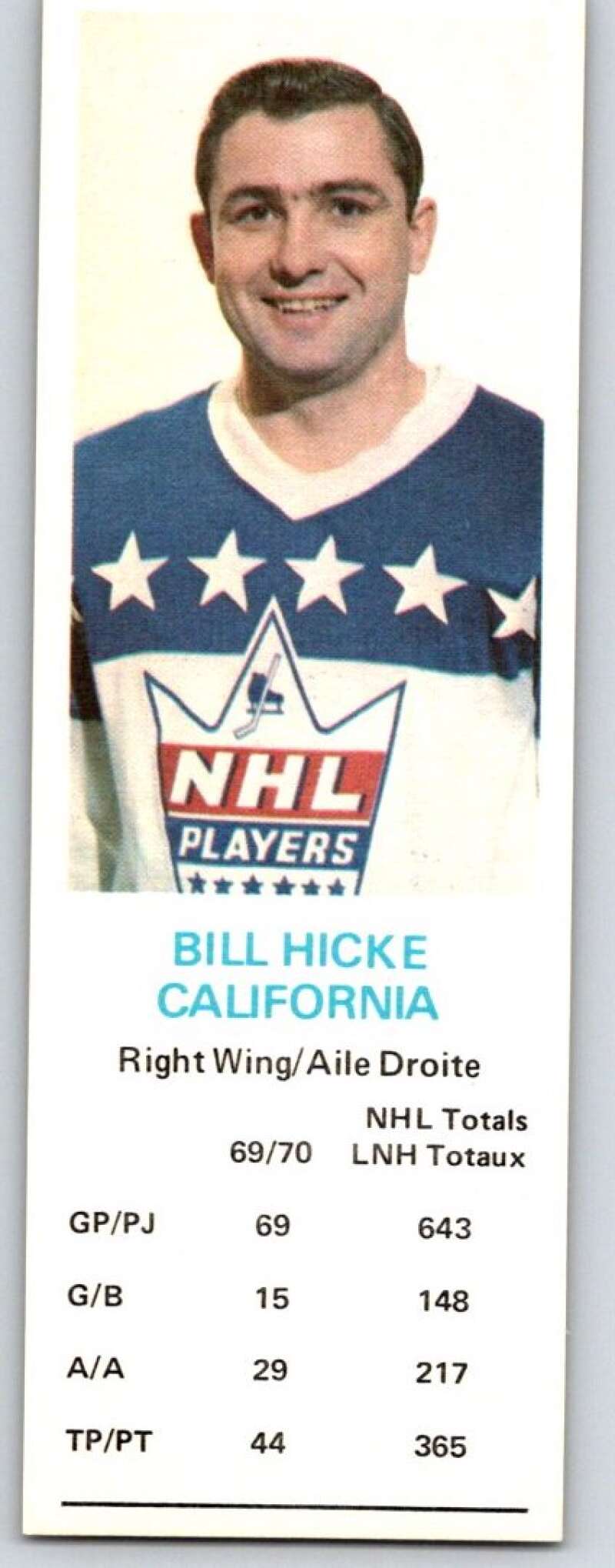 1970-71 Dad's Cookies #52 Bill Hicke California Golden Seals X279