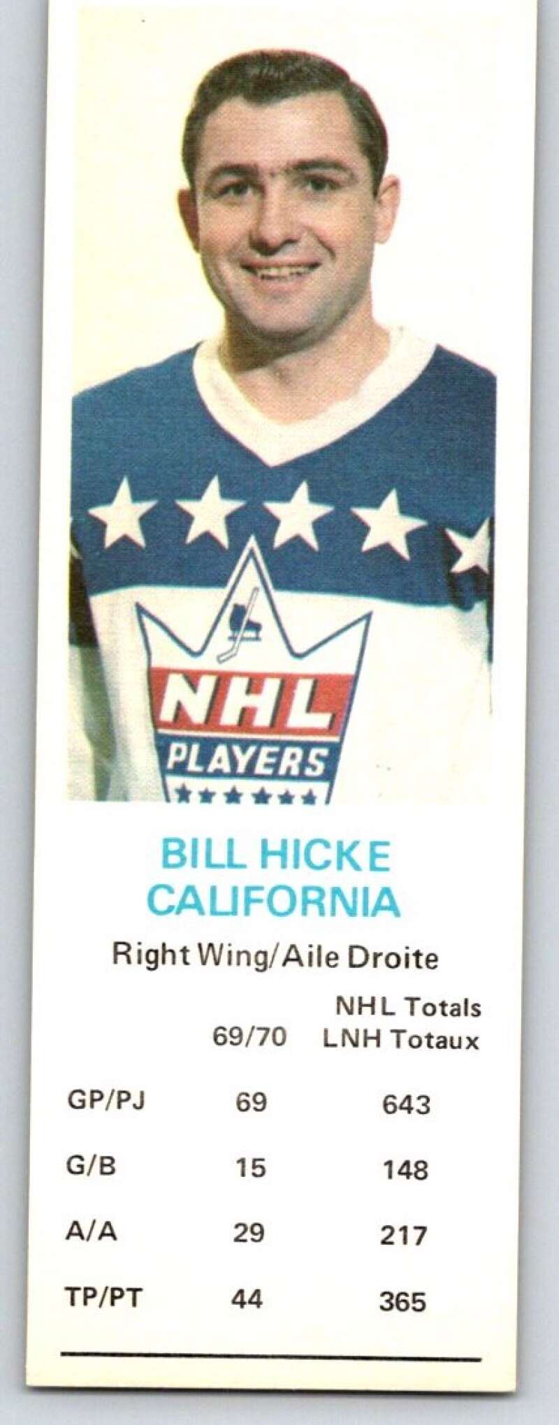 1970-71 Dad's Cookies #52 Bill Hicke California Golden Seals X280
