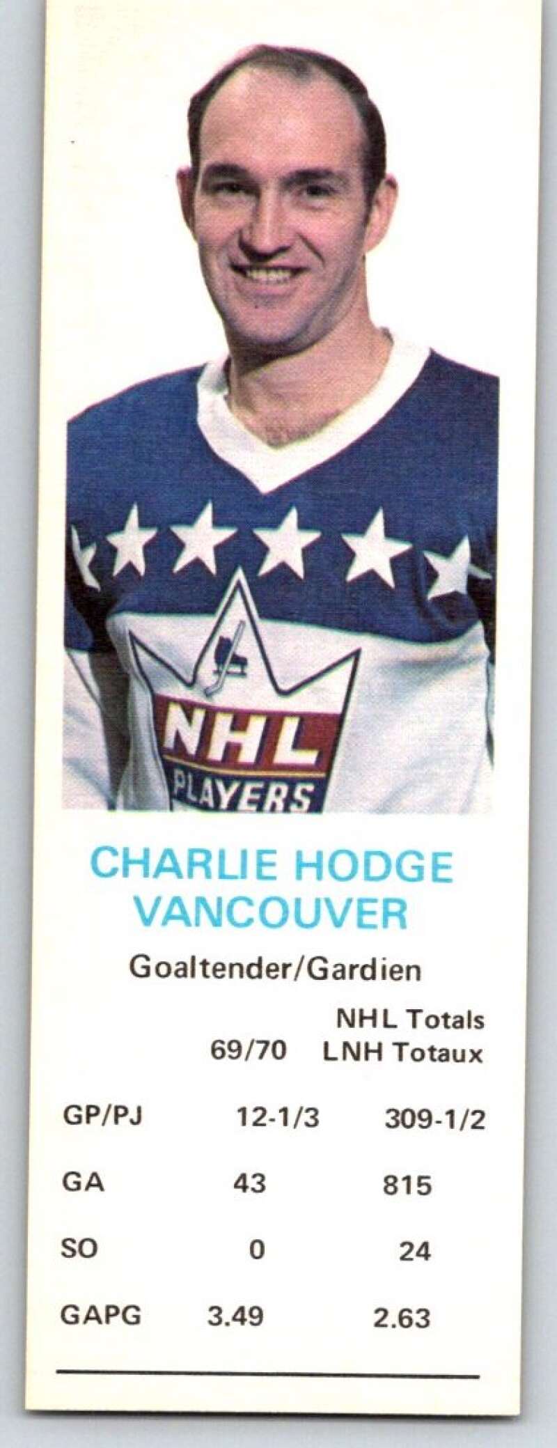 1970-71 Dad's Cookies #55 Charlie Hodge Vancouver Canucks X284