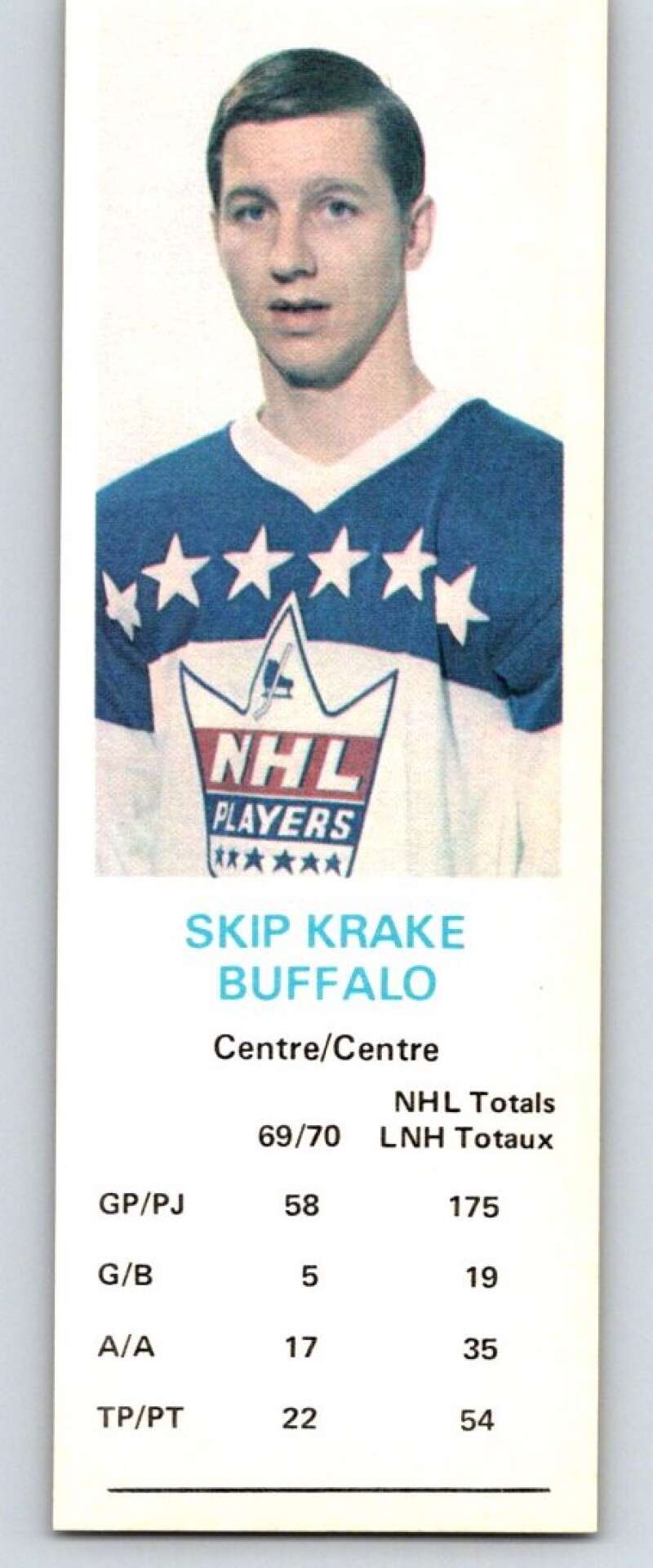 1970-71 Dad's Cookies #66 Skip Krake Buffalo Sabres X299
