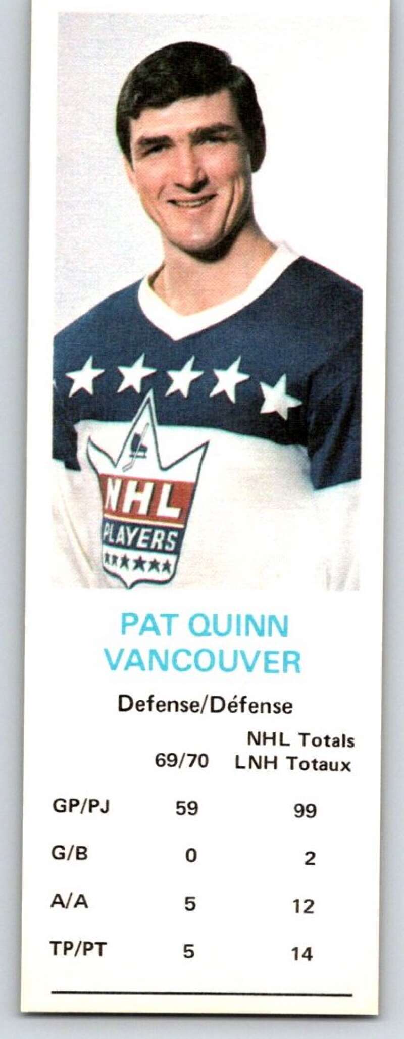 1970-71 Dad's Cookies #107 Pat Quinn Vancouver Canucks X374