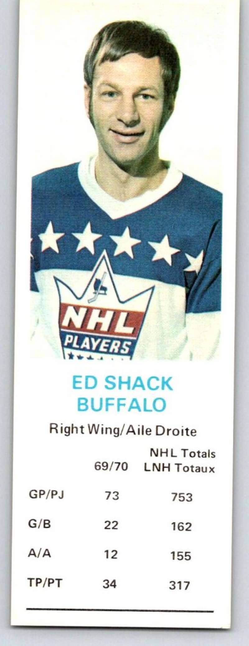 1970-71 Dad's Cookies #122 Eddie Shack Buffalo Sabres X396