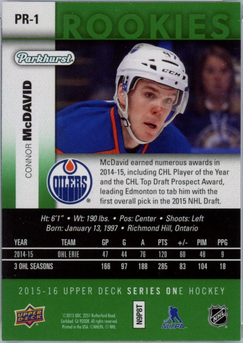 HCWPP - 2015-16 Upper Deck Parkhurst CONNOR McDAVID Rookie Green RC - 294097