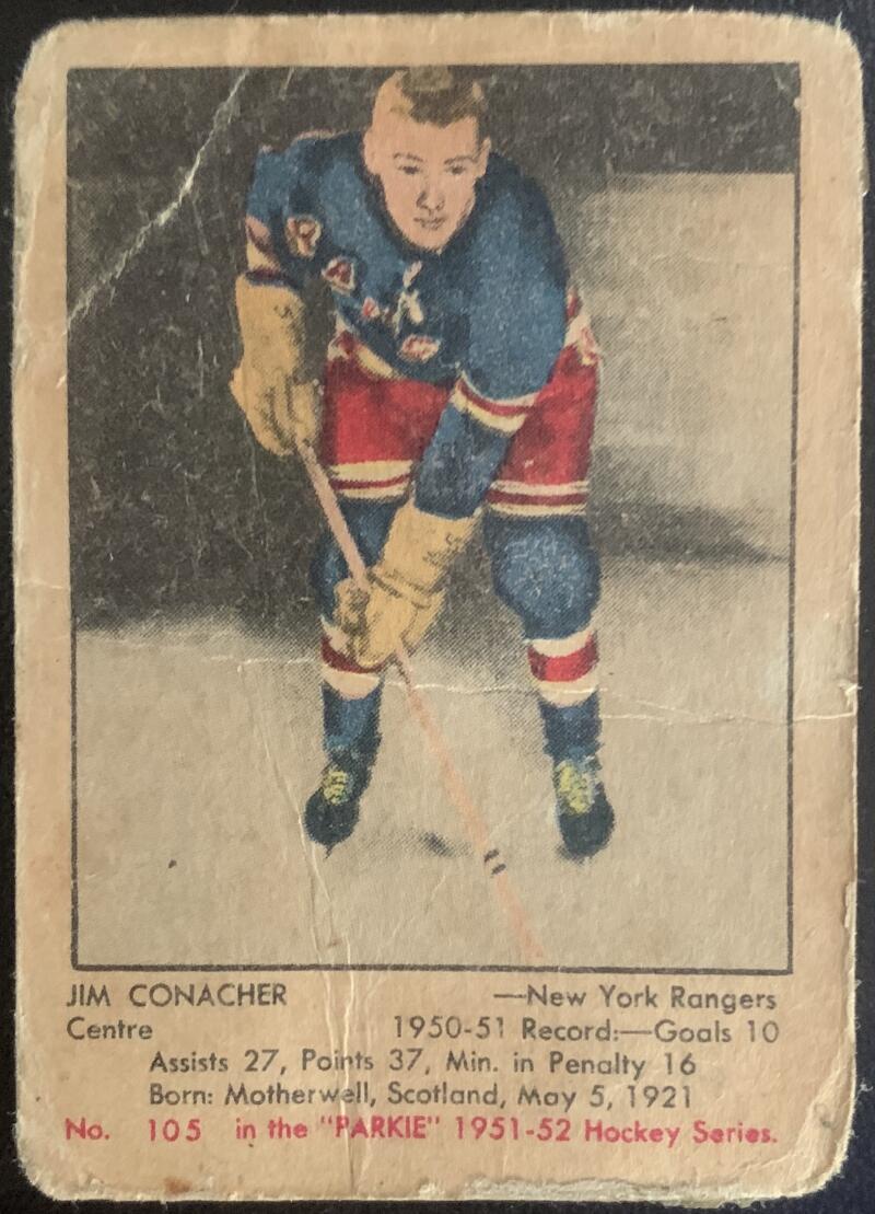 1951-52 Parkhurst #105 Jim Conacher RC Rookie Rangers Vintage Hockey V50569
