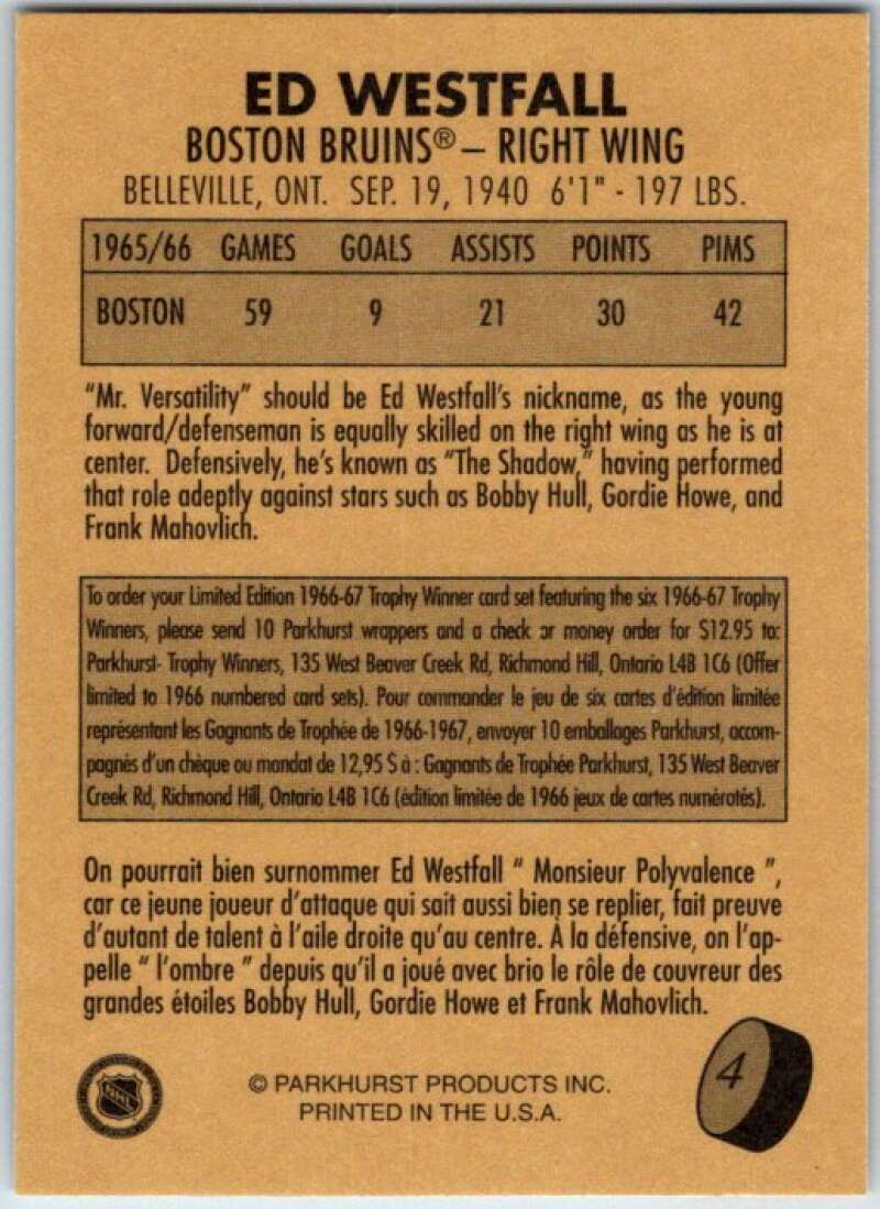 1995-96 Parkhurst '66-67 #4 Ed Westfall Boston Bruins V50650