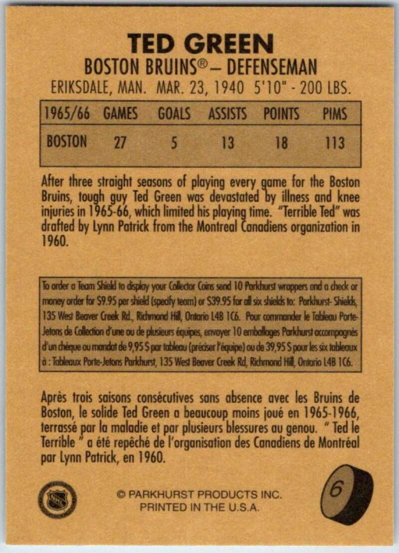 1995-96 Parkhurst '66-67 #6 Ted Green Boston Bruins V50653