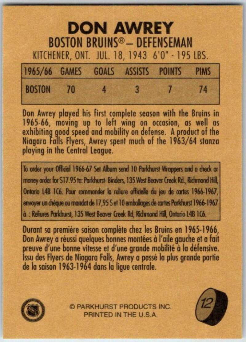 1995-96 Parkhurst '66-67 #12 Don Awrey Boston Bruins V50660