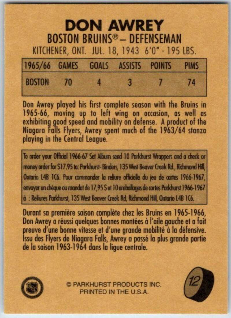 1995-96 Parkhurst '66-67 #12 Don Awrey Boston Bruins V50661