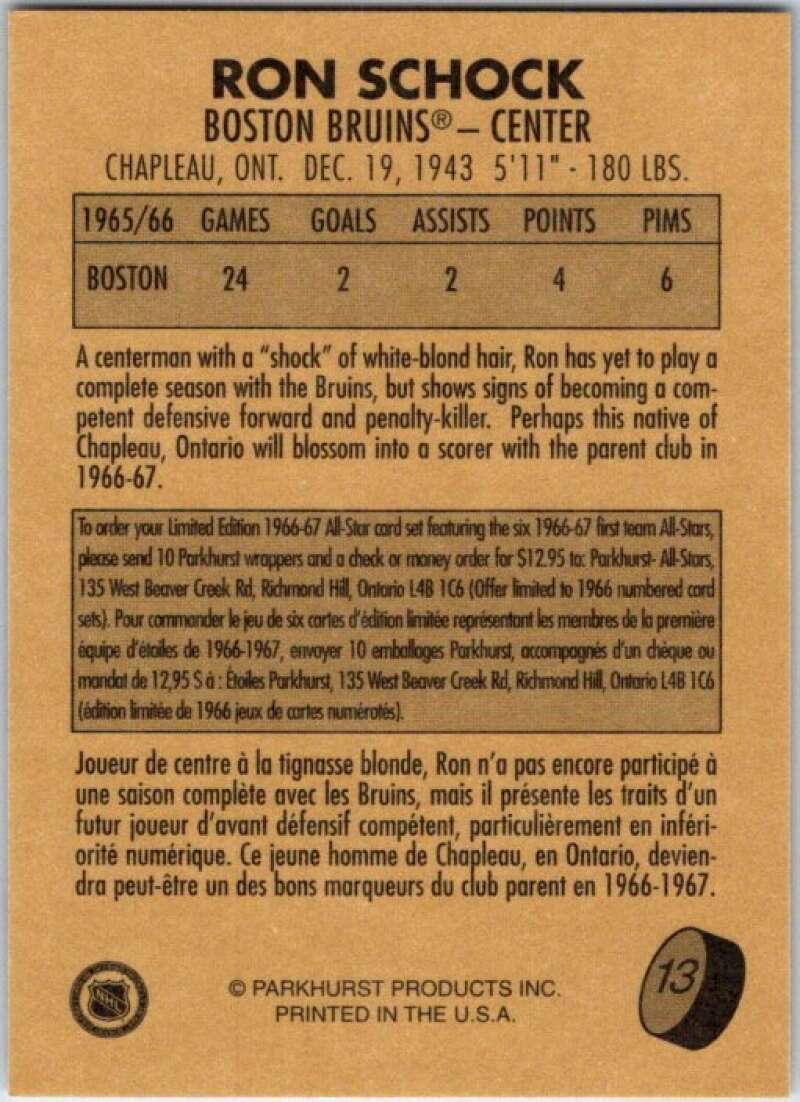 1995-96 Parkhurst '66-67 #13 Ron Schock Boston Bruins V50662