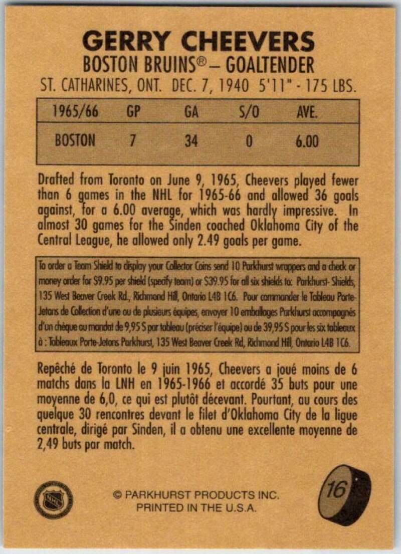 1995-96 Parkhurst '66-67 #16 Gerry Cheevers Boston Bruins V50664