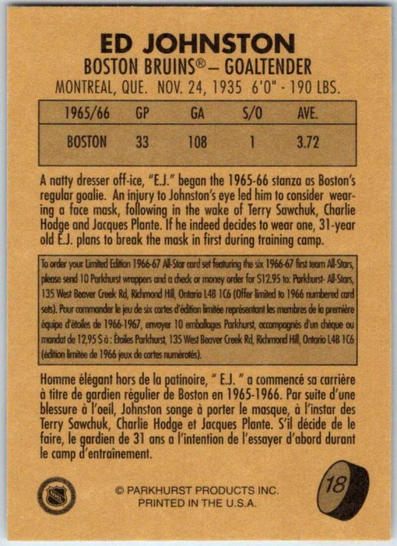 1995-96 Parkhurst '66-67 #18 Ed Johnston Boston Bruins V50666