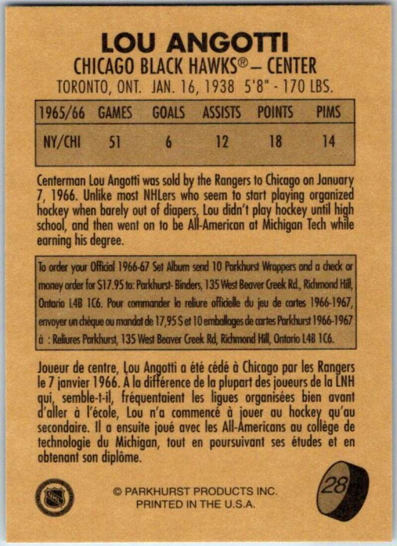 1995-96 Parkhurst '66-67 #28 Lou Angotti Chicago Blackhawks V50674
