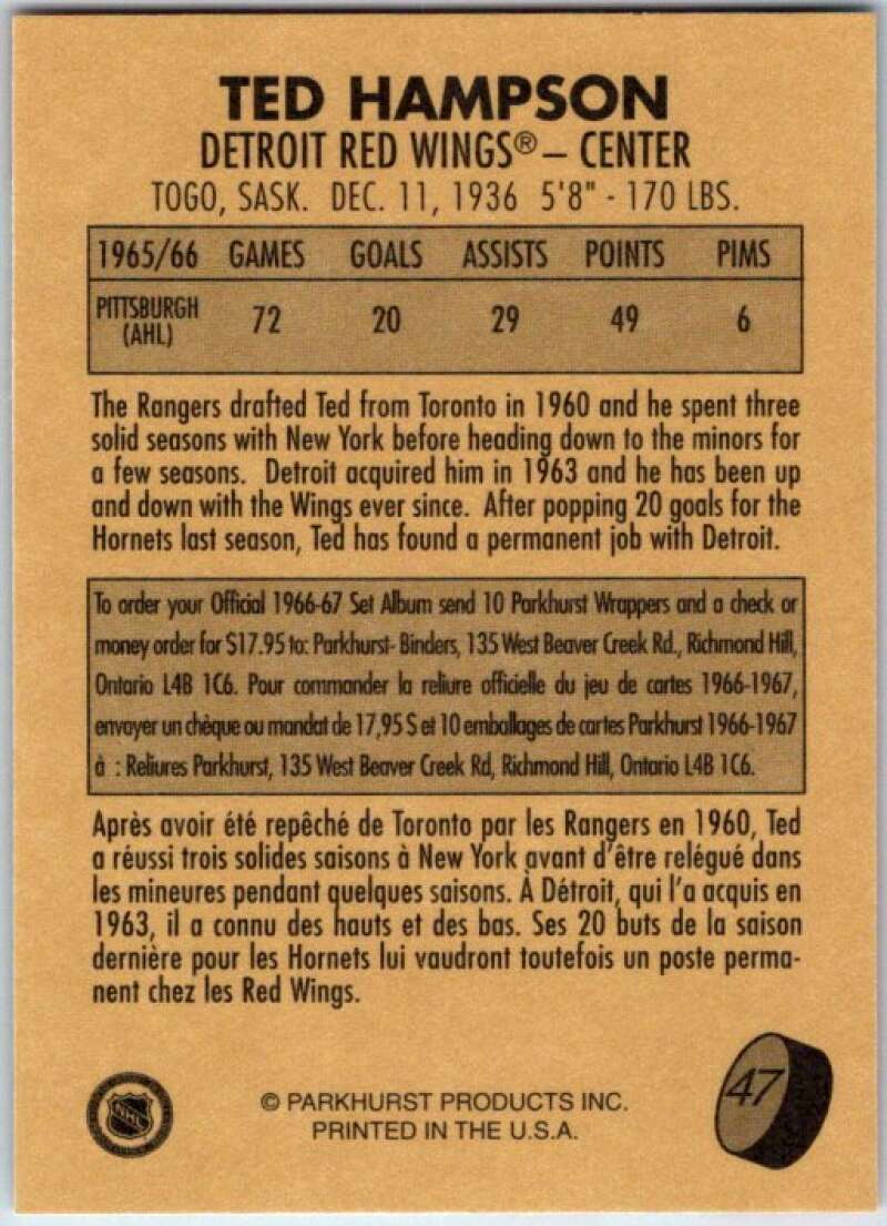 1995-96 Parkhurst '66-67 #47 Ted Hampson Detroit Red Wings V50696