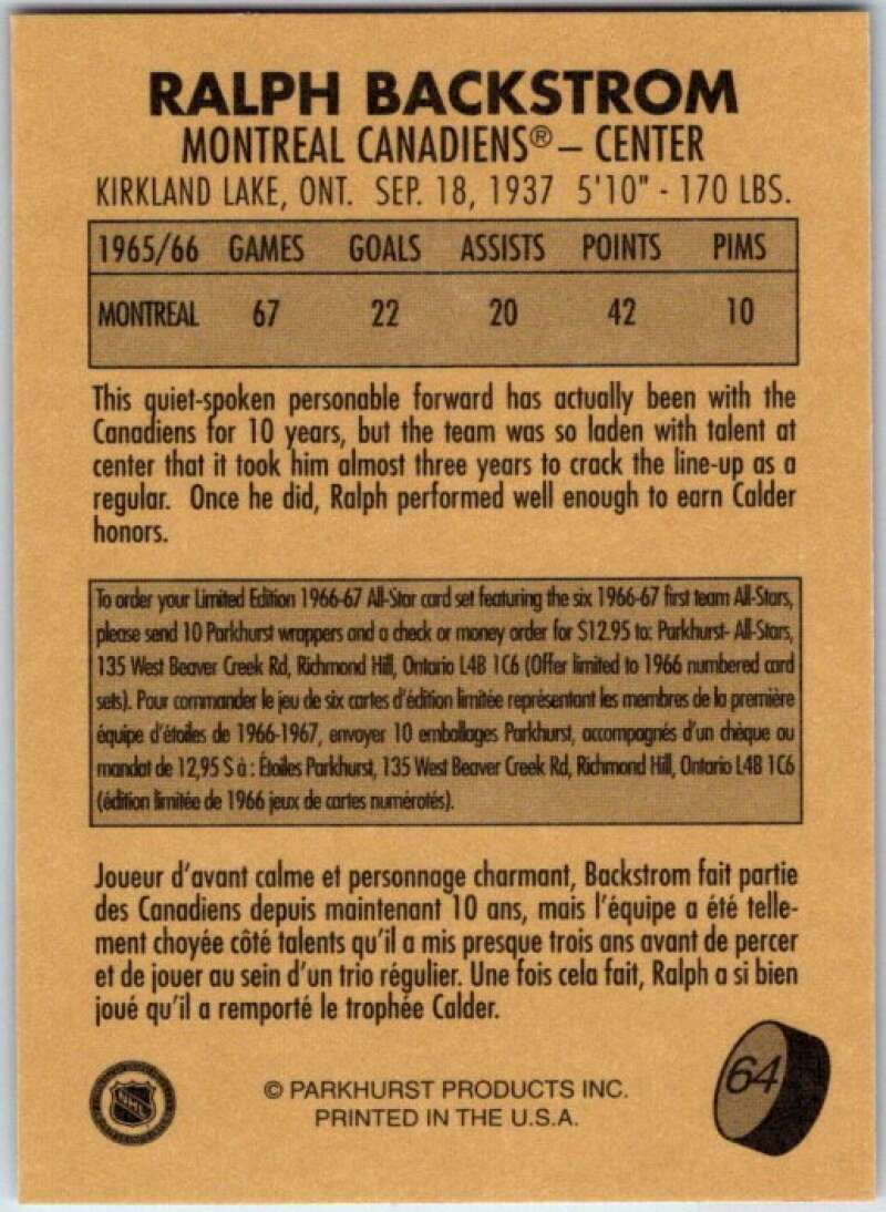 1995-96 Parkhurst '66-67 #64 Ralph Backstrom Montreal Canadiens V50719