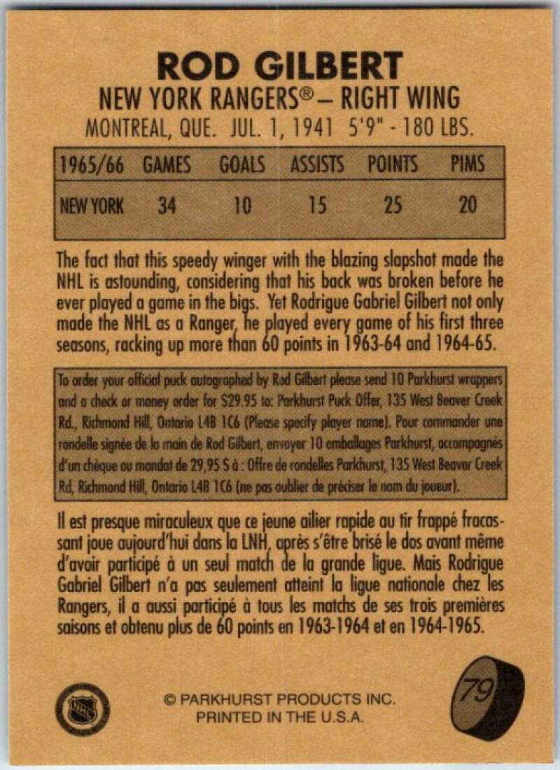 1995-96 Parkhurst '66-67 #79 Rod Gilbert New York Rangers V50738