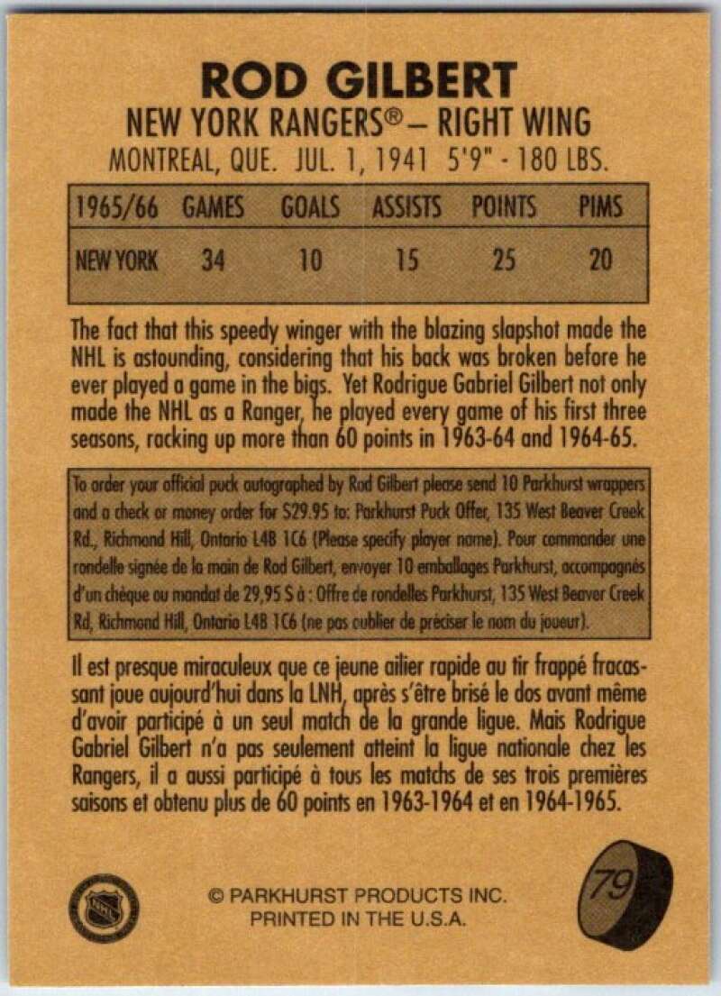 1995-96 Parkhurst '66-67 #79 Rod Gilbert New York Rangers V50739
