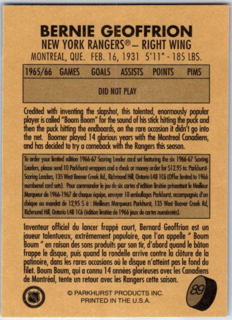 1995-96 Parkhurst '66-67 #89 Bernie Geoffrion New York Rangers V50742