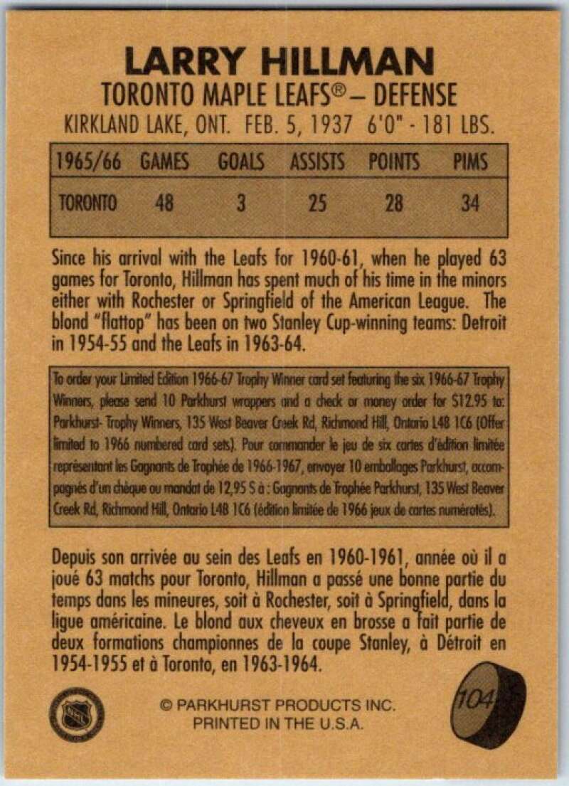 1995-96 Parkhurst '66-67 #104 Larry Hillman Toronto Maple Leafs V50756