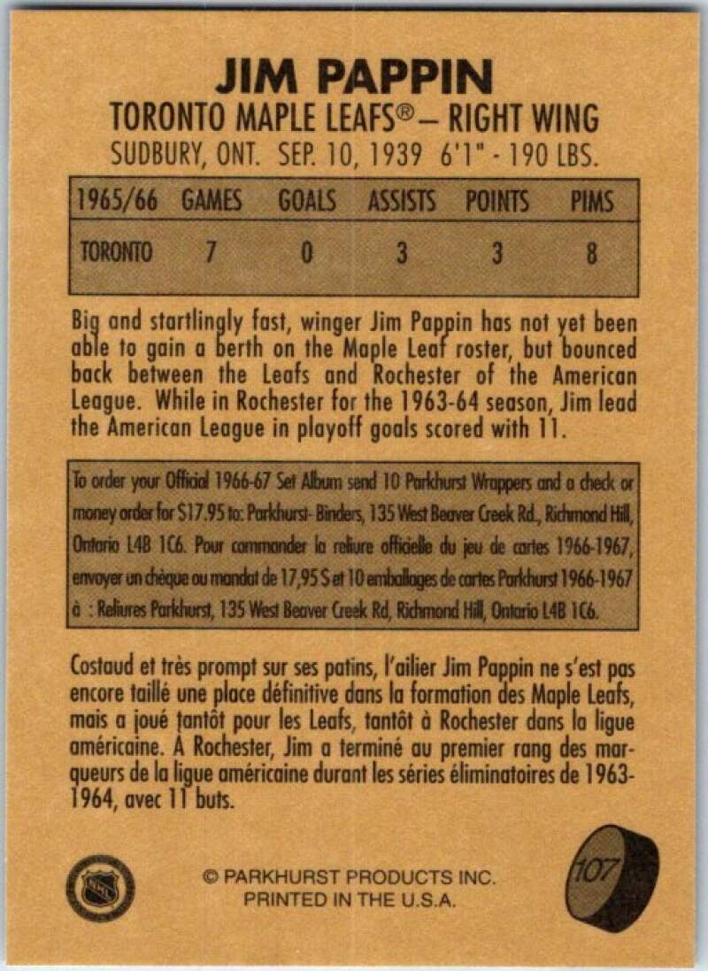 1995-96 Parkhurst '66-67 #107 Jim Pappin Toronto Maple Leafs V50759