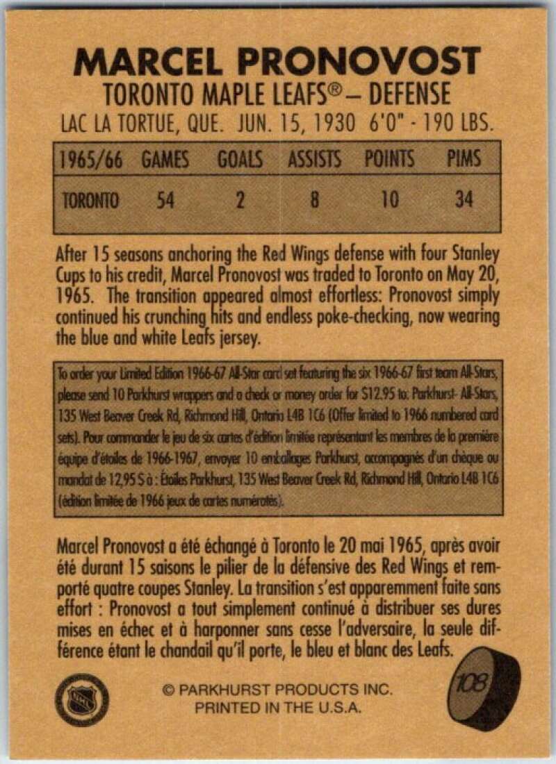 1995-96 Parkhurst '66-67 #108 Marcel Pronovost Toronto Maple Leafs V50760