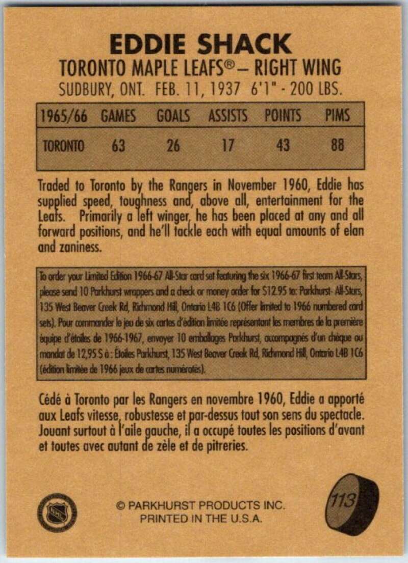 1995-96 Parkhurst '66-67 #113 Eddie Shack Toronto Maple Leafs V50762