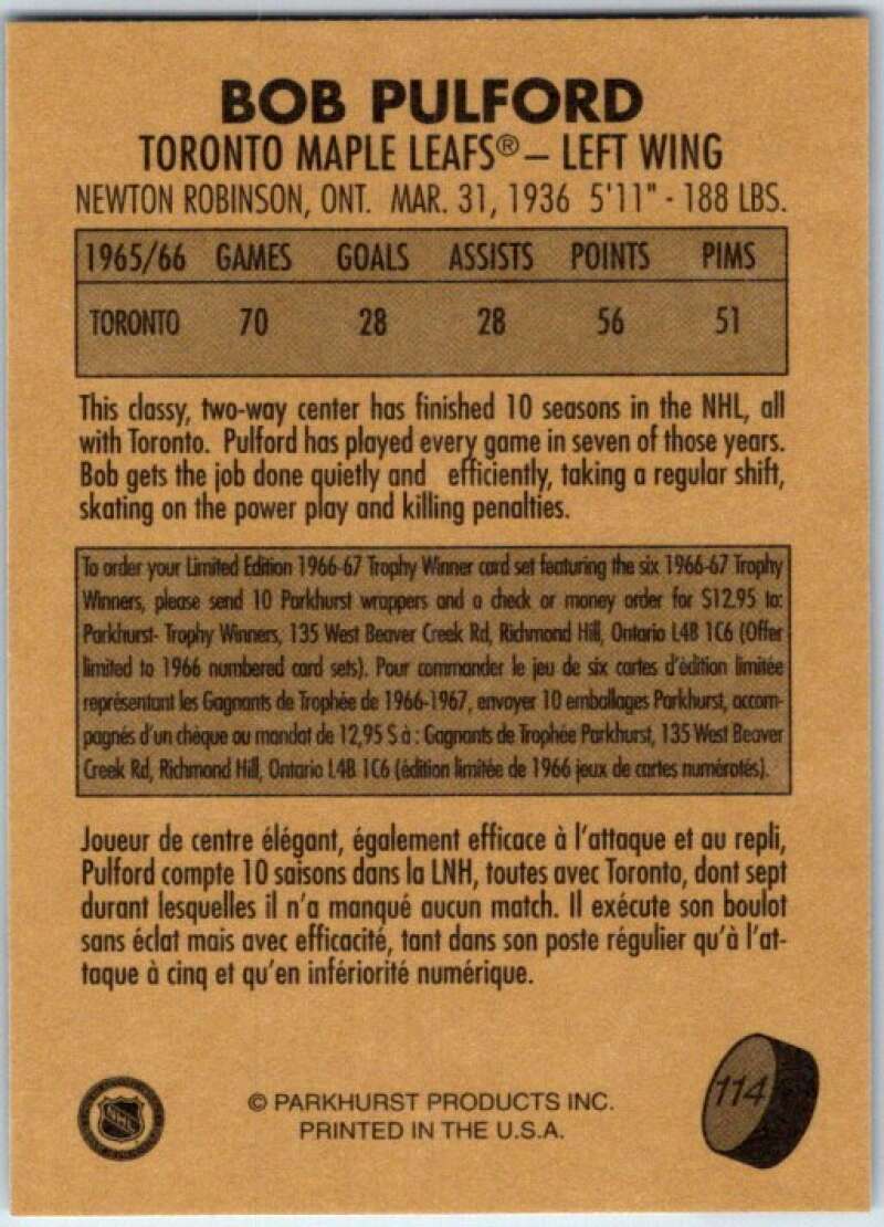 1995-96 Parkhurst '66-67 #114 Bob Pulford Toronto Maple Leafs V50763