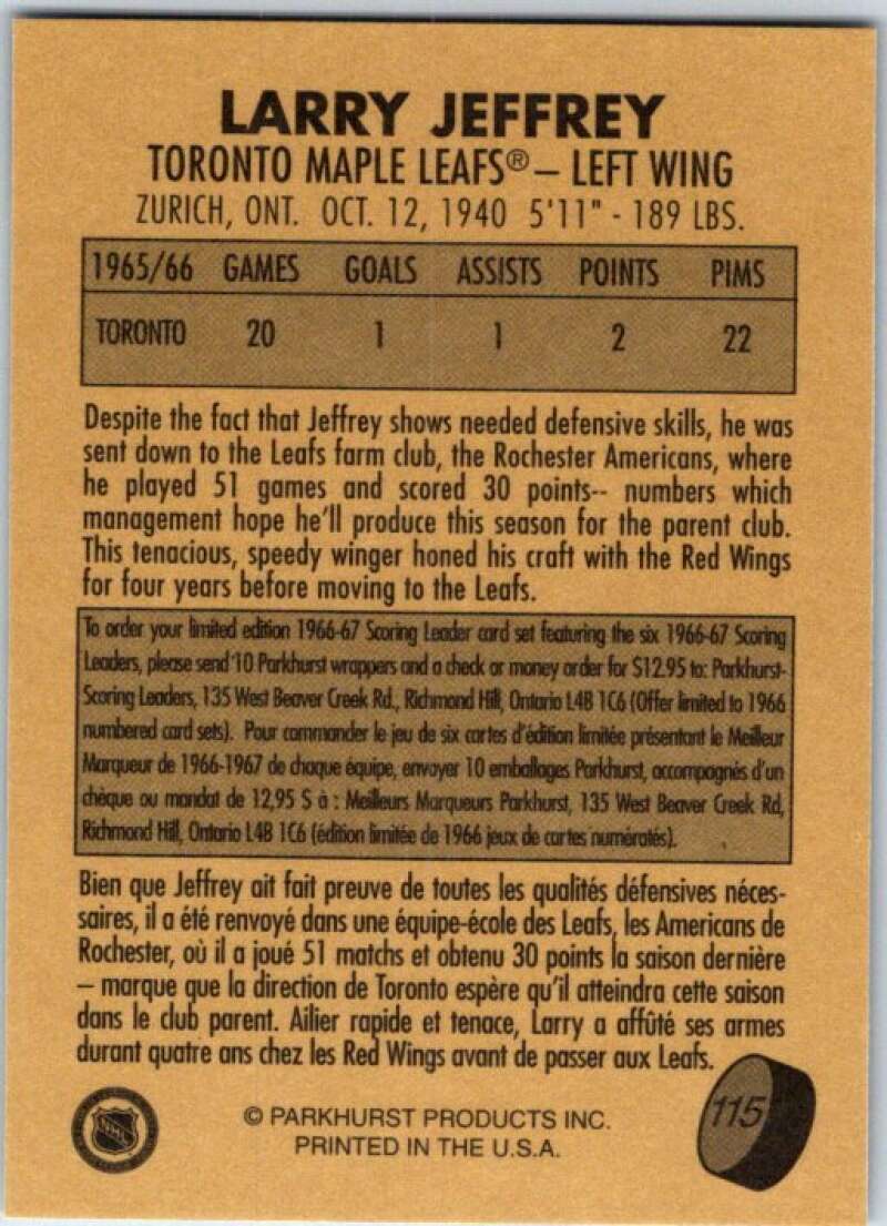 1995-96 Parkhurst '66-67 #115 Larry Jeffrey Toronto Maple Leafs V50764