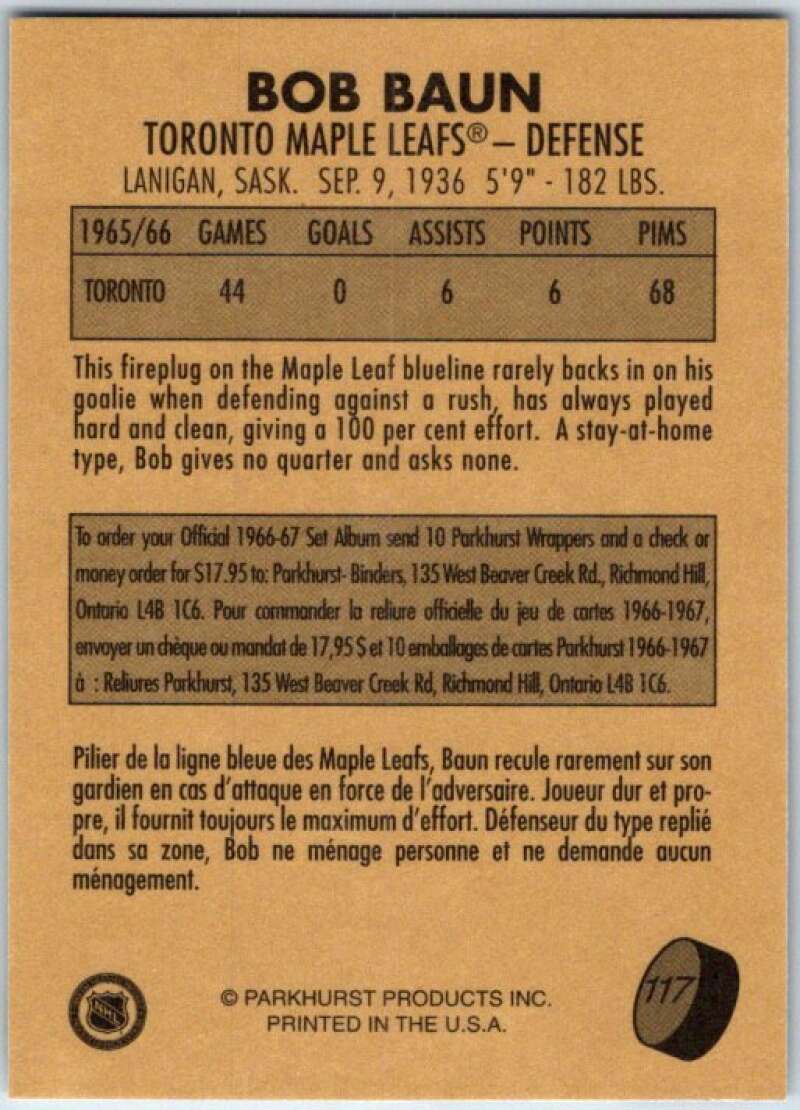 1995-96 Parkhurst '66-67 #117 Bob Baun Toronto Maple Leafs V50765