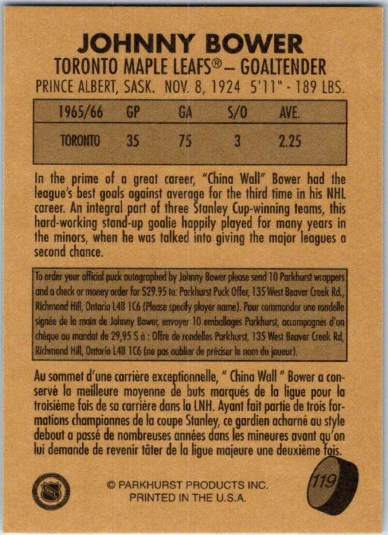 1995-96 Parkhurst '66-67 #119 Johnny Bower Toronto Maple Leafs V50767