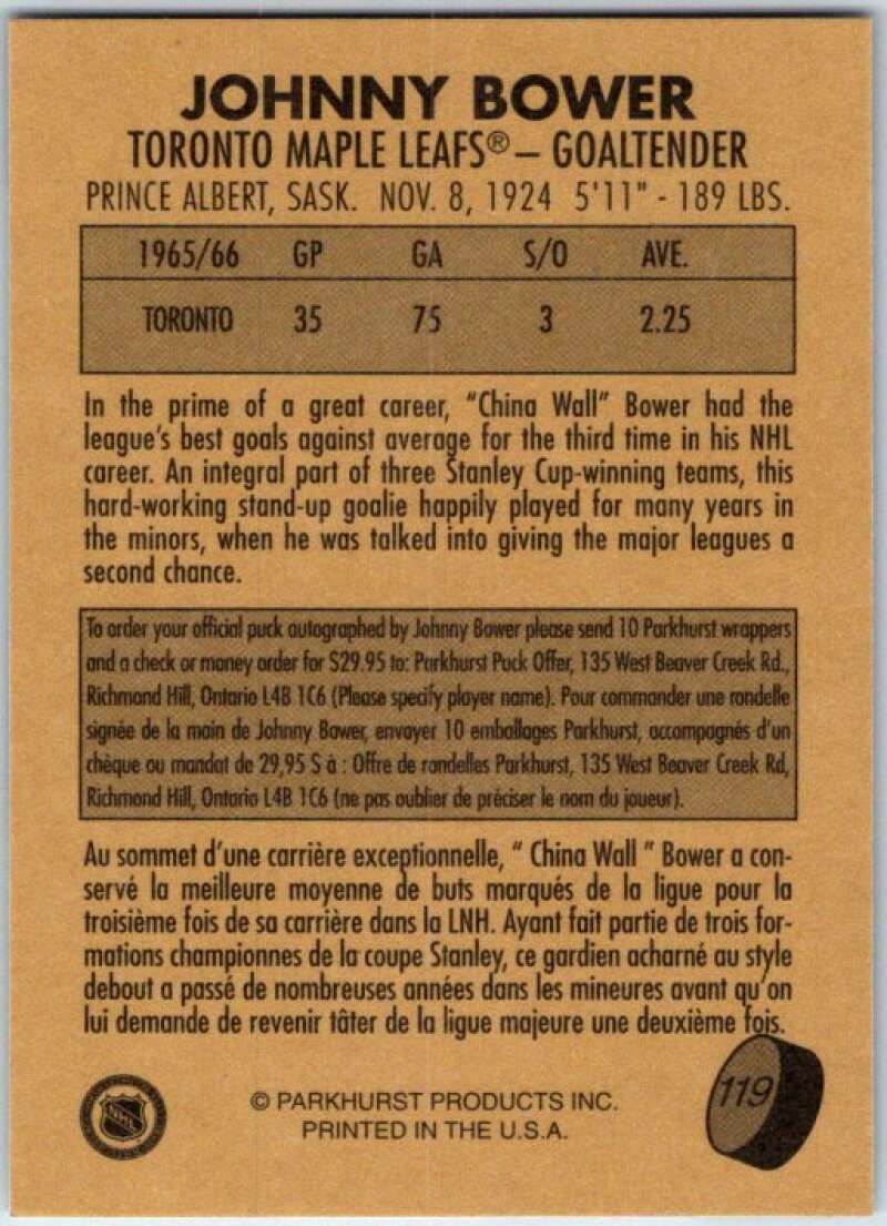 1995-96 Parkhurst '66-67 #119 Johnny Bower Toronto Maple Leafs V50768