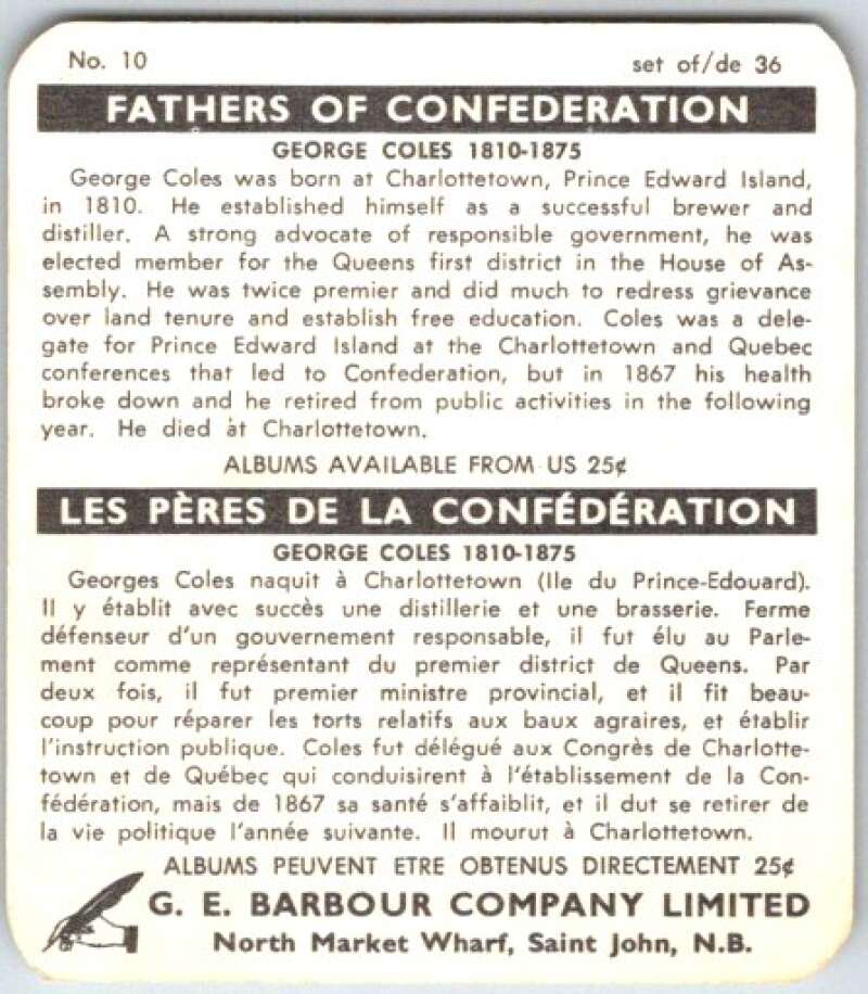 1967 Fathers of Confederation #10 George Coles V50810