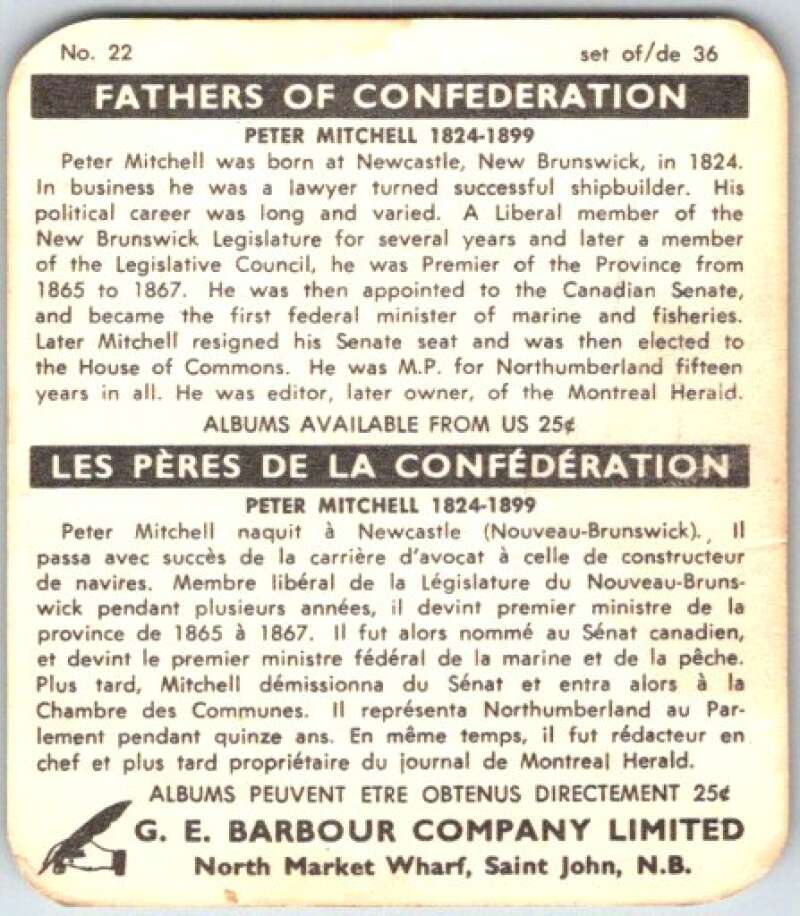 1967 Fathers of Confederation #22 Peter Mitchell V50827