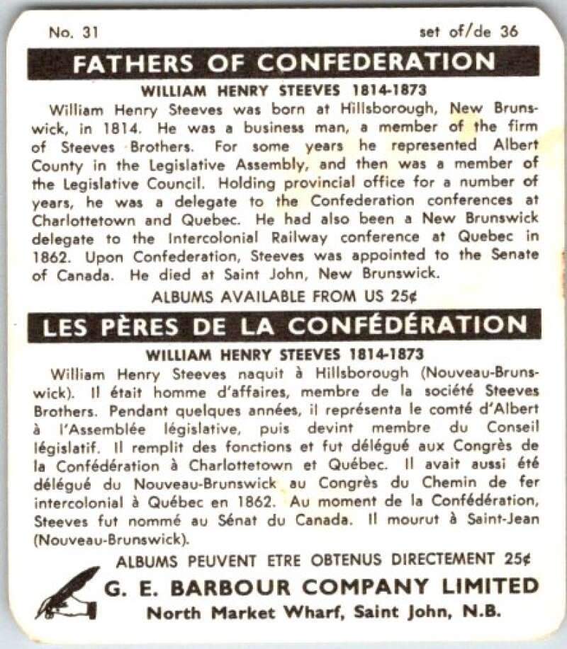 1967 Fathers of Confederation #31 William Henry Steeves V50840