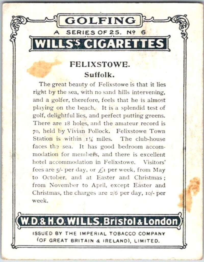 1924 W.D. & H.O. Will's Cigarettes Golf #6 Felixstowe V50969