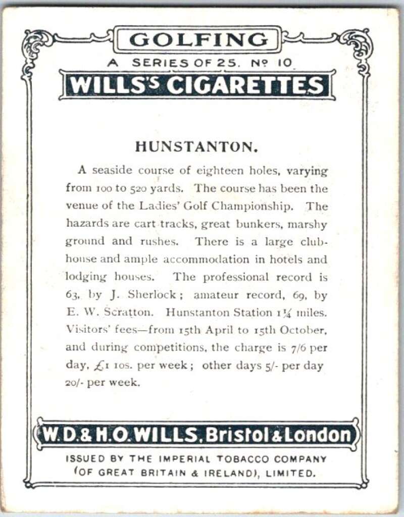 1924 W.D. & H.O. Will's Cigarettes Golf #10 Hunstanton V50973