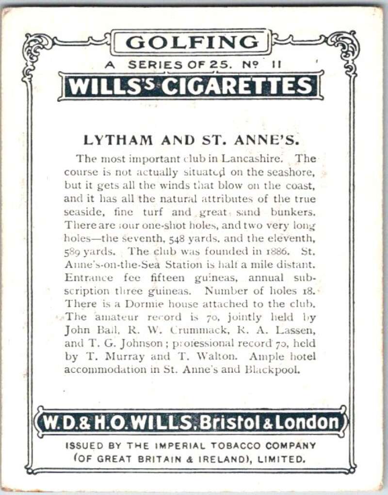 1924 W.D. & H.O. Will's Cigarettes Golf #11 Lythan & St.Anne's V50974