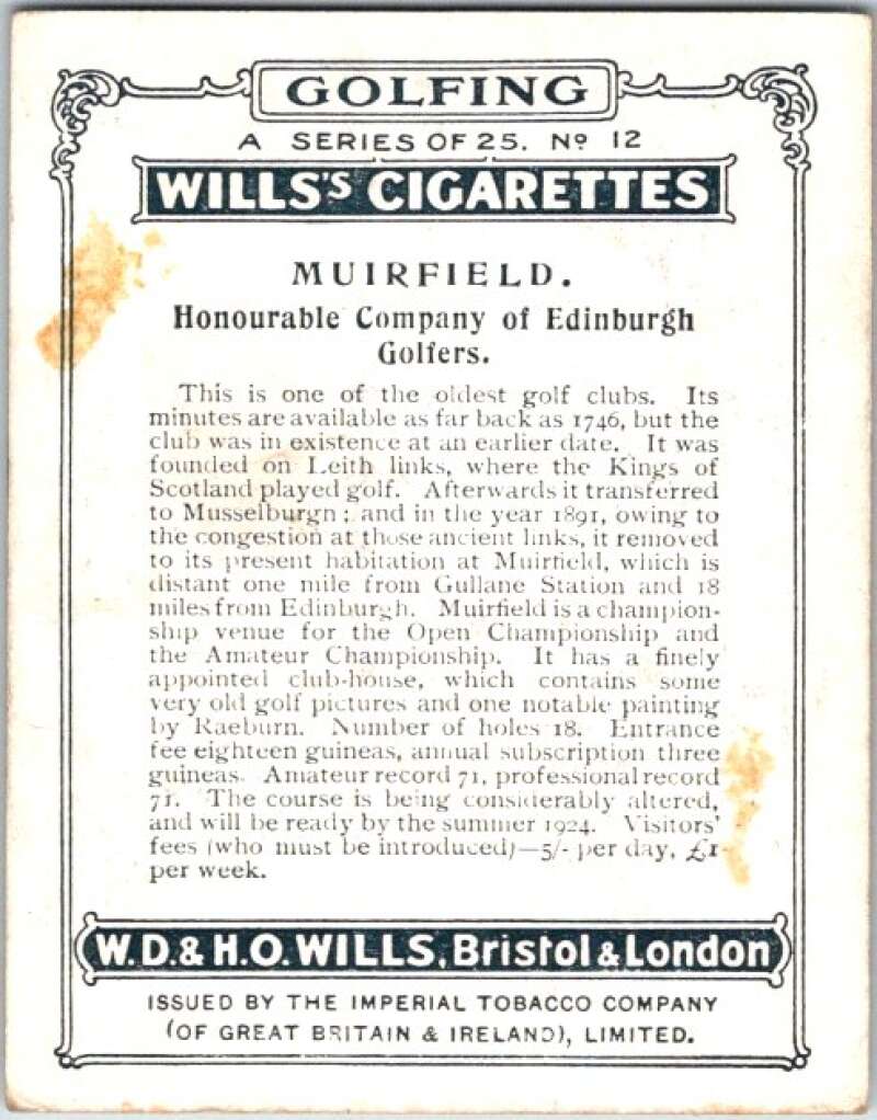 1924 W.D. & H.O. Will's Cigarettes Golf #12 Muirfield V50975