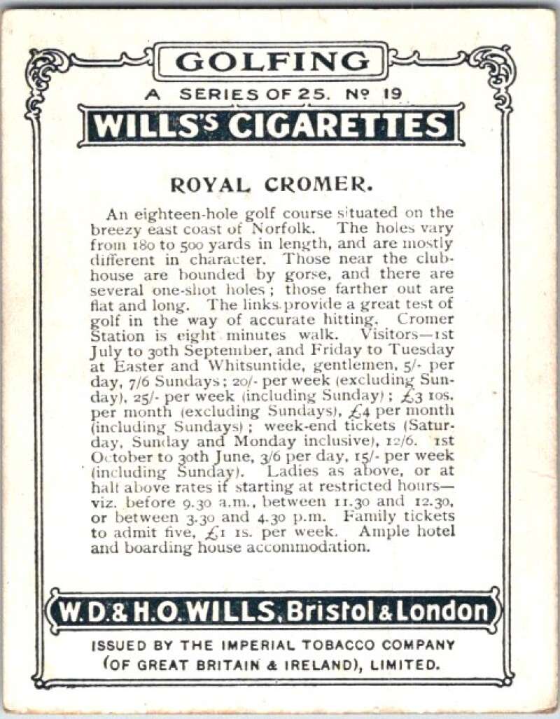 1924 W.D. & H.O. Will's Cigarettes Golf #19 Royal Cromer V50982