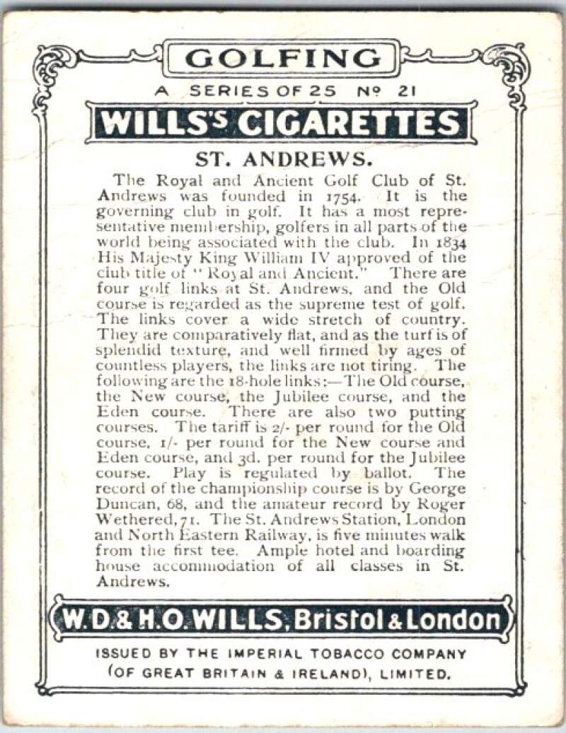 1924 W.D. & H.O. Will's Cigarettes Golf #21 St. Andrews V50984