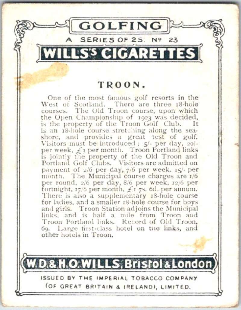 1924 W.D. & H.O. Will's Cigarettes Golf #23 Troon V50986