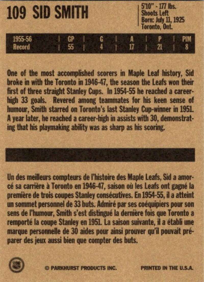 1994-95 Parkhurst Missing Link #109 Sid Smith Toronto Maple Leafs V51159