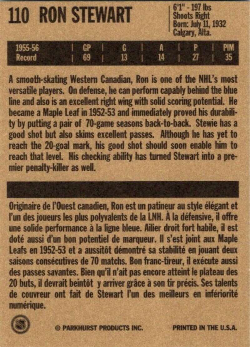 1994-95 Parkhurst Missing Link #110 Ron Stewart Toronto Maple Leafs V51160
